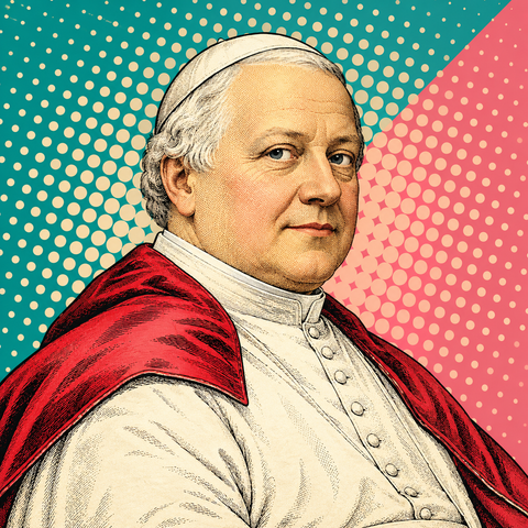 Pop art portrait of Pius IX against teal, soft rose and cream