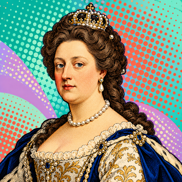 Pop art portrait of Queen Anne with pearls and a crown against mint, coral and lilac halftone shapes