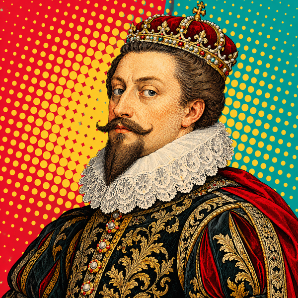 Pop art portrait of Sigismund III Vasa against scarlet, turquoise and pale gold