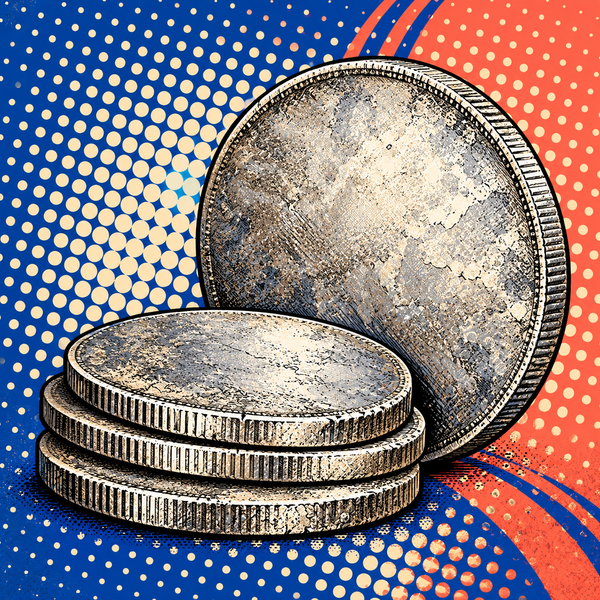 Pop art illustration of silver-coloured coin blanks against cobalt and coral halftone shapes