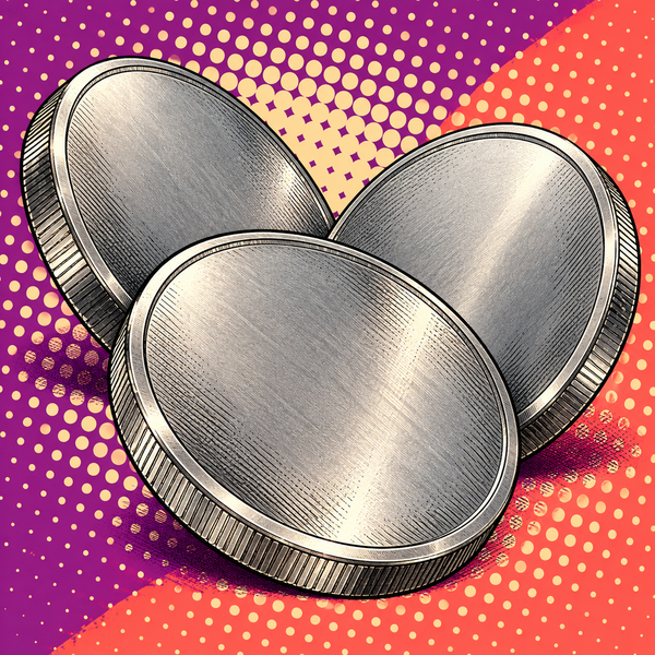 Pop art illustration of stainless steel blank coins with cool neutral silver-grey metallic surfaces against violet, coral and ivory