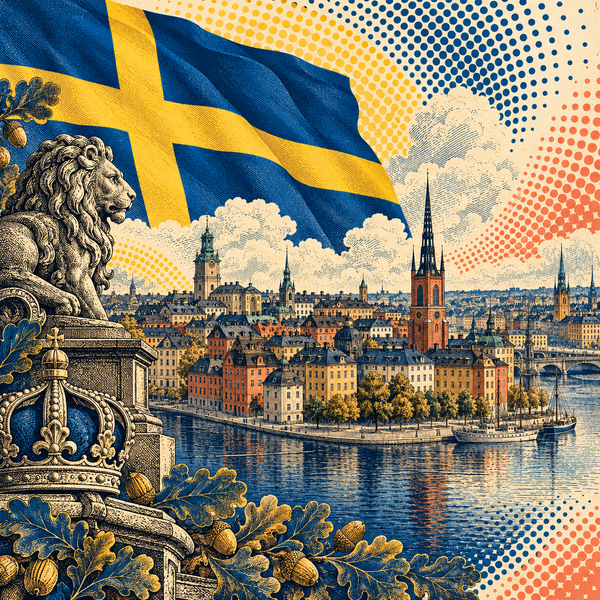 Engraved pop art geographical illustration for Sweden coins