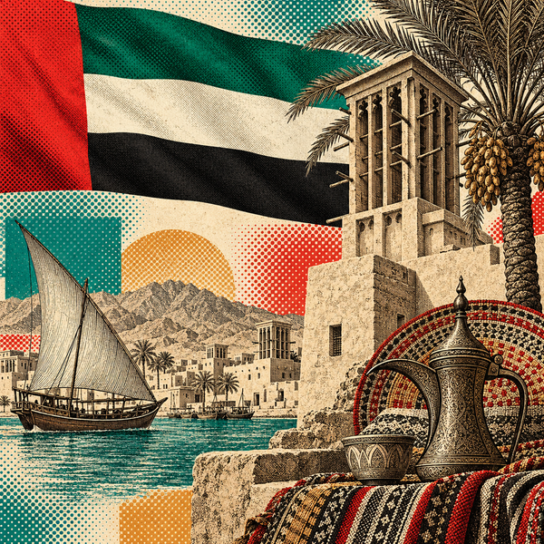 Engraved pop art geographical illustration for United Arab Emirates coins
