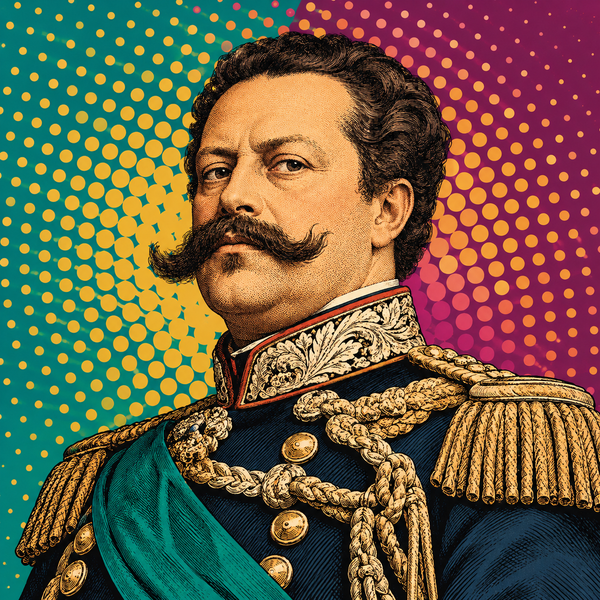 Pop art portrait of Victor Emmanuel II of Italy against plum, turquoise and ochre
