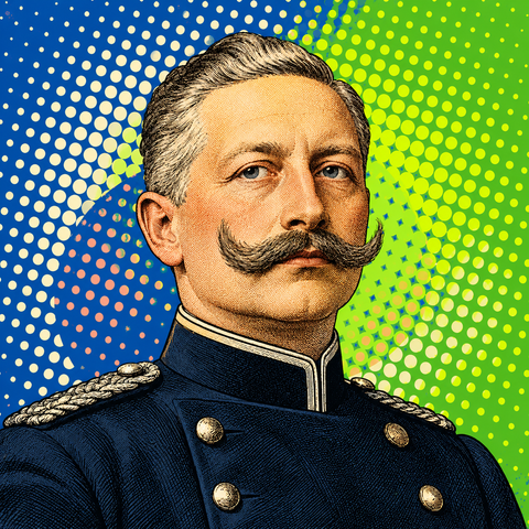 Pop art portrait of Wilhelm II with an upswept moustache against cobalt blue and lime halftone circles