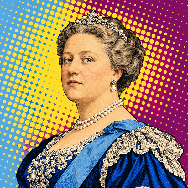 Pop art portrait of Wilhelmina of the Netherlands against plum, butter yellow and pale blue
