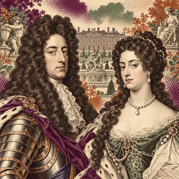 Engraved pop art paired portraits of William III and Mary II