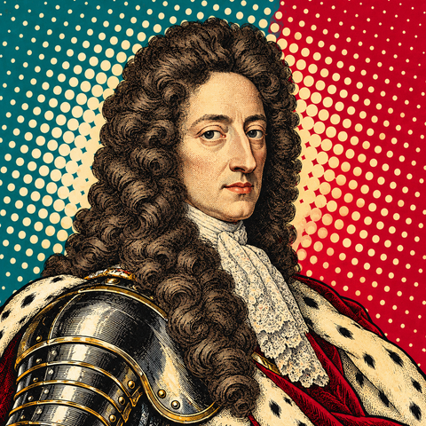 Pop art portrait of William III of England in teal and crimson
