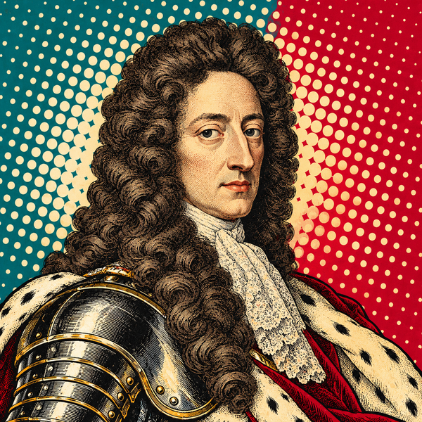 Pop art portrait of William III of England in teal and crimson