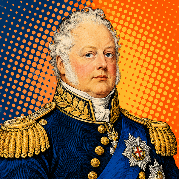 Pop art portrait of William IV against navy and apricot