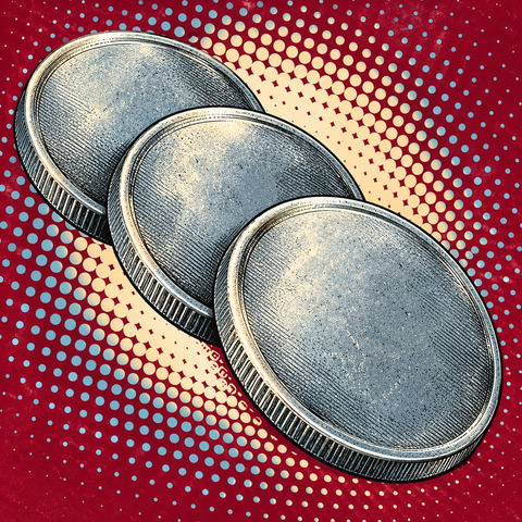 Pop art illustration of zinc blank coins, dull bluish silver grey metallic surfaces against burgundy, pale blue and cream