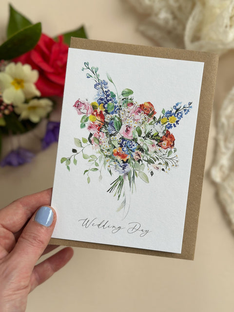 Floral Happy Wedding Day Card – Hand-Painted Watercolour Bouquet