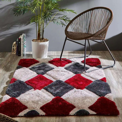 Tapis géométrique 3D rouge à poils longs