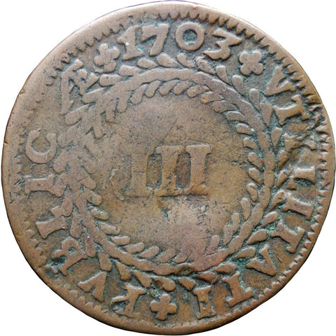 1703 3 Reis Portugal Pedro II Coin