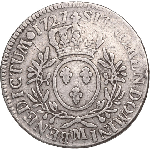 1727 M Ecu France Louis XV Silver Coin Toulouse Mint