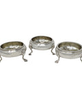 1760 Antique George II Era Set Three Sterling Silver Salts Pots Silversmiths Dorothy Mills & Thomas Sarbitt London Hallmarks