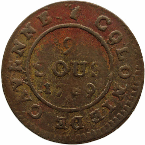 1789 2 Sous French Guiana Coin Louis XVI Colonies de Cayenne