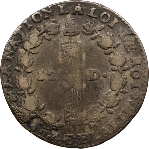 1792 T France 12 Deniers Louis XVI Coin Nantes Mint