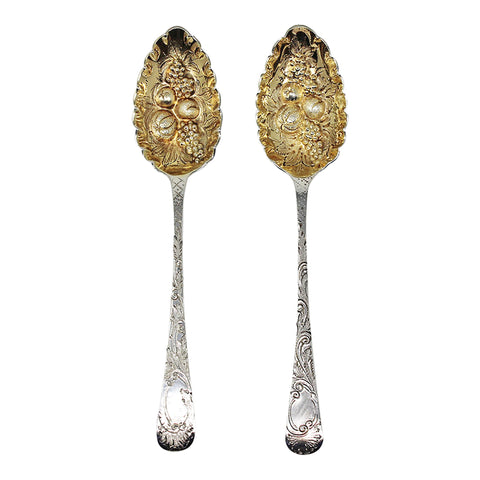 1797 and 1815 Antique George III Era Pair Solid Silver Berry Spoons with original Case Silversmith William Bateman, Peter & Ann Bateman London Hallmarks