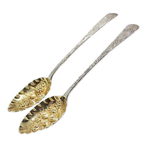 1797 and 1815 Antique George III Era Pair Solid Silver Berry Spoons with original Case Silversmith William Bateman, Peter & Ann Bateman London Hallmarks