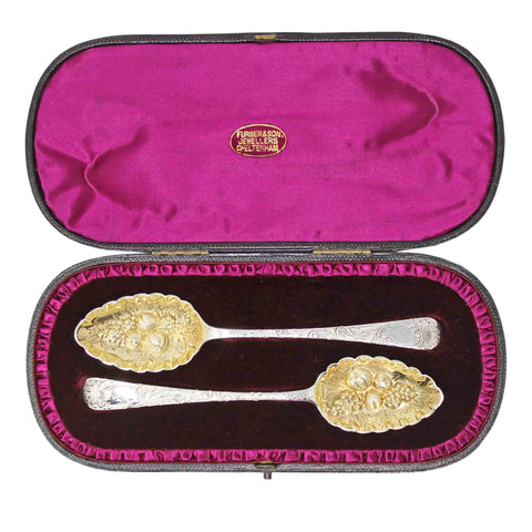 1797 and 1815 Antique George III Era Pair Solid Silver Berry Spoons with original Case Silversmith William Bateman, Peter & Ann Bateman London Hallmarks
