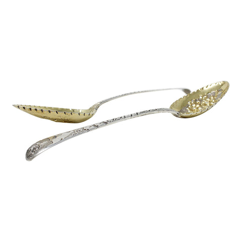 1802 Antique George III Era Large Pair Solid Silver Berry Serving Spoons Silversmith William Eley & William Fearn London Hallmarks