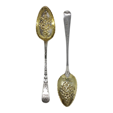 1802 Antique George III Era Large Pair Solid Silver Berry Serving Spoons Silversmith William Eley & William Fearn London Hallmarks