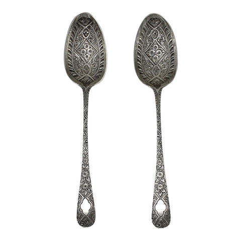 1803 Antique George III Era Large Pair Solid Silver Berry Serving Spoons with Wooden Box Silversmith Thomas Wallis II London Hallmarks