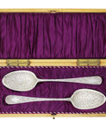 1803 Antique George III Era Large Pair Solid Silver Berry Serving Spoons with Wooden Box Silversmith Thomas Wallis II London Hallmarks