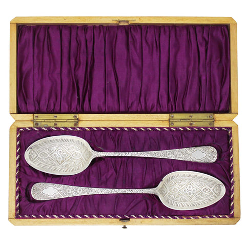 1803 Antique George III Era Large Pair Solid Silver Berry Serving Spoons with Wooden Box Silversmith Thomas Wallis II London Hallmarks