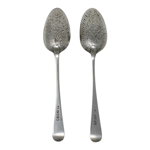 1803 Antique George III Era Large Pair Solid Silver Berry Serving Spoons with Wooden Box Silversmith Thomas Wallis II London Hallmarks