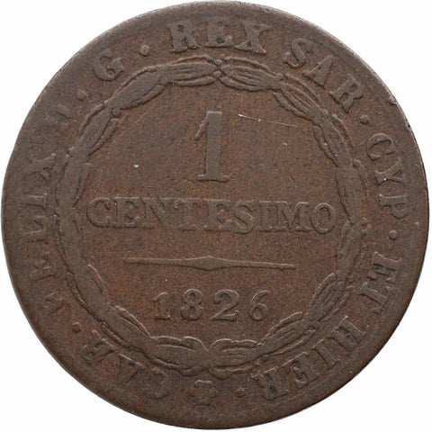 1826 1 Centesimo Kingdom of Piedmont - Sardinia Coin Charles Felix