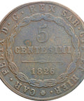 1826 L Italian states Sardinia 5 Centesimi Charles Felix Coin