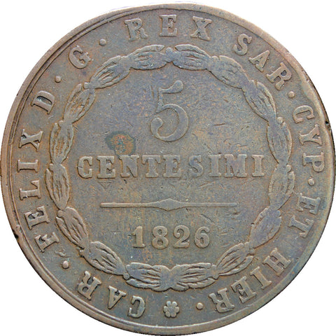 1826 L Italian states Sardinia 5 Centesimi Charles Felix Coin