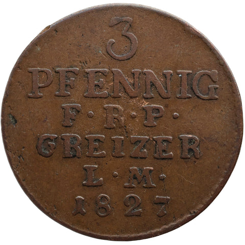1827 3 Pfennigs Reuss - Greiz Germany Coin Henry XIX