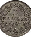 1847 3 Kreuzers Grand-duchy of Baden German states Leopold Coin