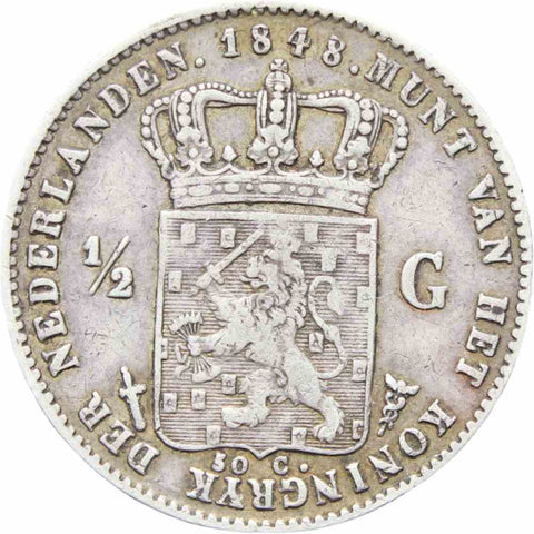 1848 Netherlands Half Gulden William II Coin