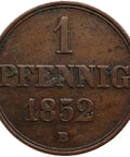 1852 B 1 Pfennig Kingdom of Hannover Germany Coin George V