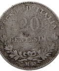 1863 M BN 20 Centesimi Italy Coin Victor Emmanuel II Milan Mint