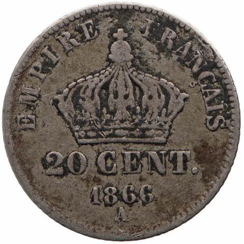 1866 A 20 Centimes France Napoleon III Coin Silver Paris Mint