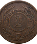1869 A 2 Centesimos Uruguay Coin Paris Mint