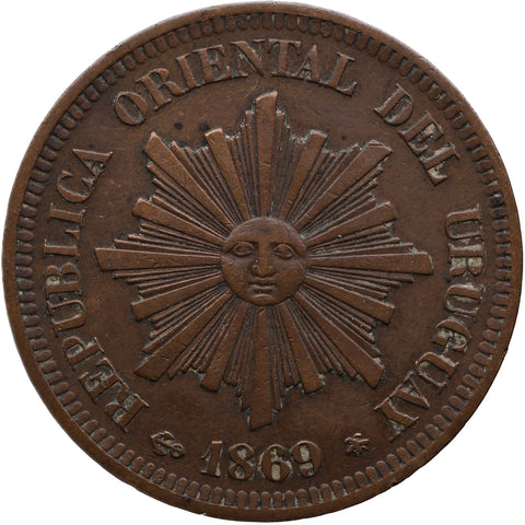 1869 A 2 Centesimos Uruguay Coin Paris Mint