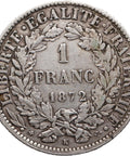 1872 K French Republic 1 Franc Coin Bordeaux Mint
