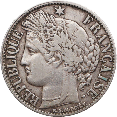 1872 K French Republic 1 Franc Coin Bordeaux Mint