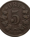 1876 5 Øre Norway Coin Oscar II