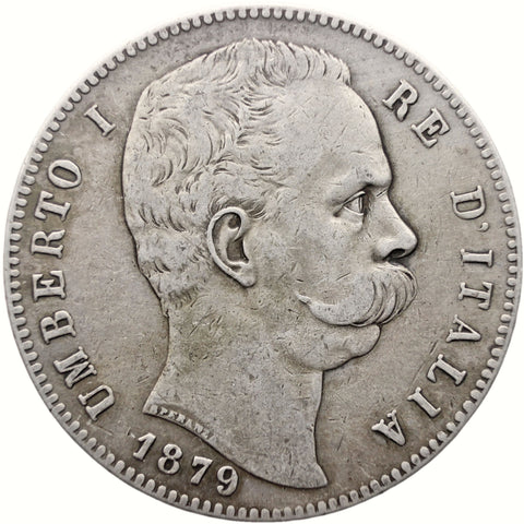 1879 R 5 Lire Italy Coin Umberto I Silver
