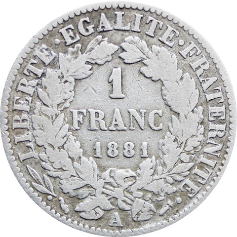 1881 One Franc France Coin Silver