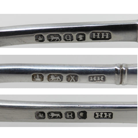 1883 - 1890 Antique Victorian Era Set Six Sterling Silver Tea Spoons and Sugar Tongs Harrison Brothers & Howson (Henry Harrison) Sheffield Hallmarks