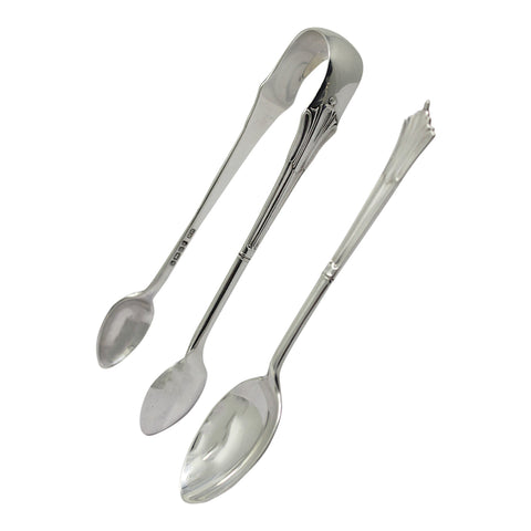 1883 - 1890 Antique Victorian Era Set Six Sterling Silver Tea Spoons and Sugar Tongs Harrison Brothers & Howson (Henry Harrison) Sheffield Hallmarks