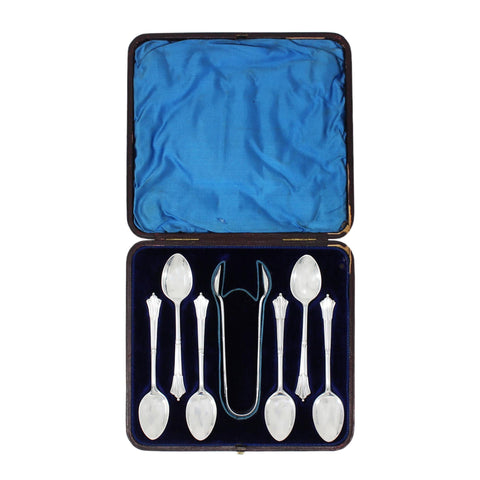 1883 - 1890 Antique Victorian Era Set Six Sterling Silver Tea Spoons and Sugar Tongs Harrison Brothers & Howson (Henry Harrison) Sheffield Hallmarks